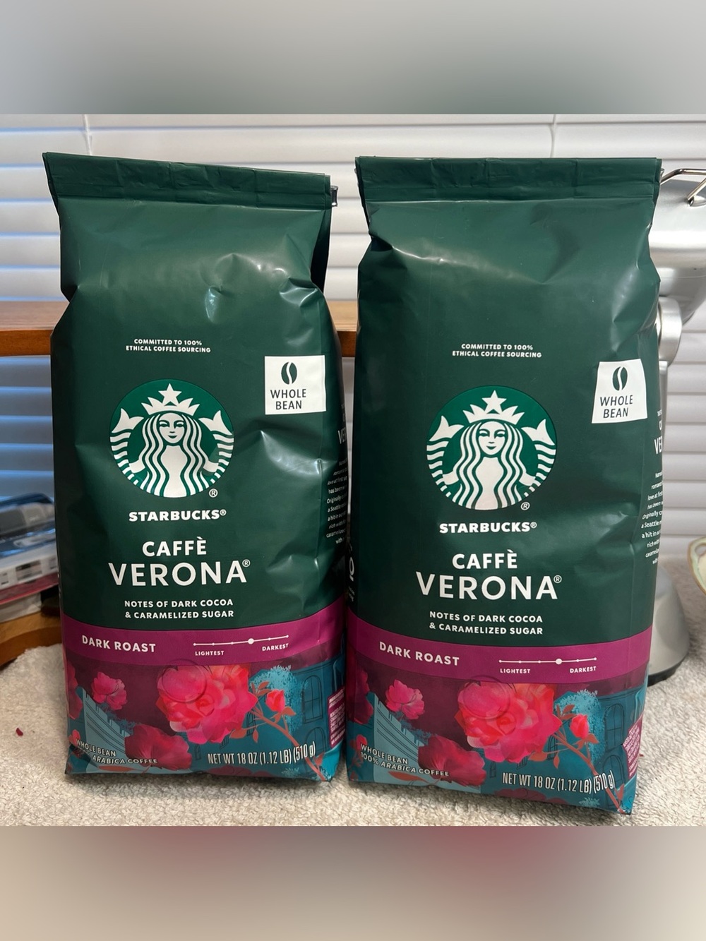 Starbucks Caffe Verona Whole Bean Coffee 2-18oz Packages Dark Roast BB 04/2026